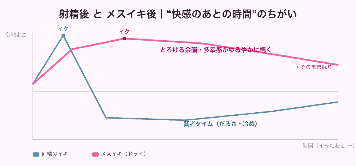 射精後の賢者タイムと、メスイキ後にゆるやかに続く余韻のちがいを示したグラフ