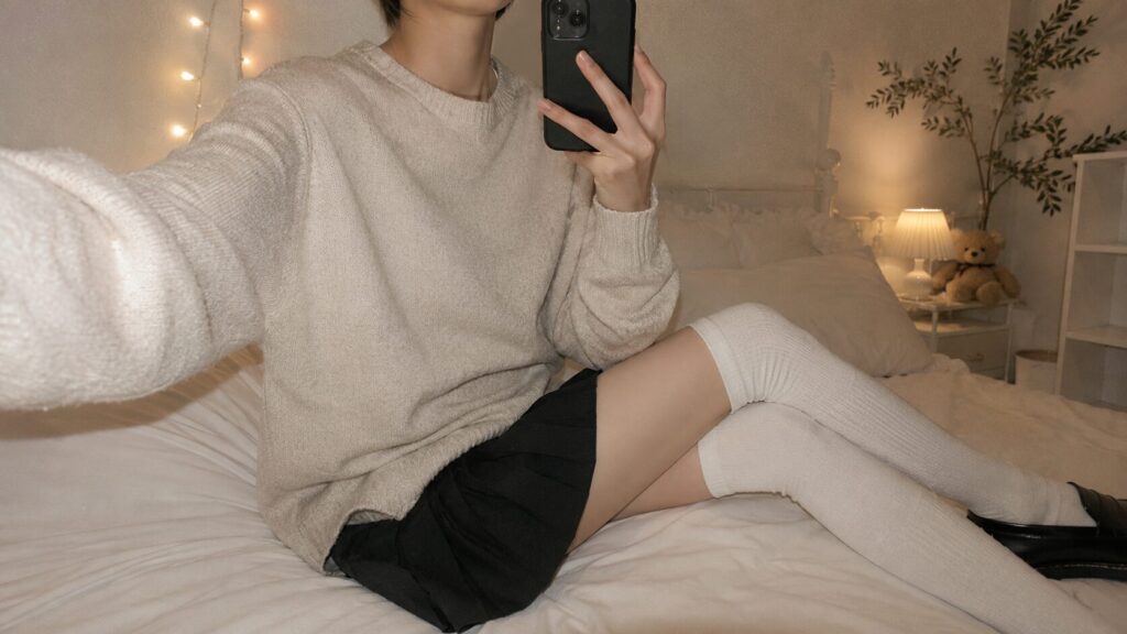 ベージュのニット姿で自撮りするメスイキさん