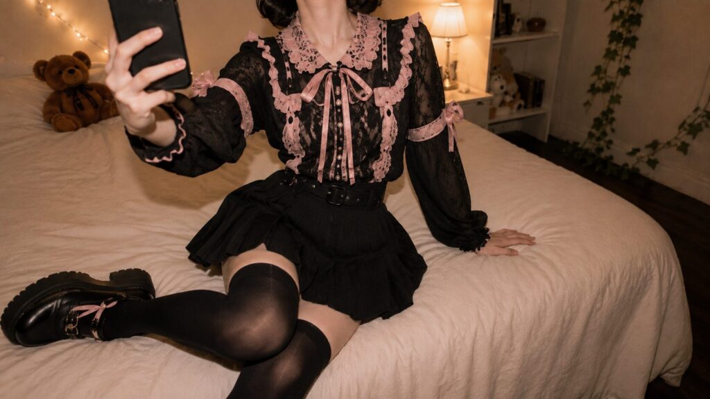 黒のゴシック系ワンピ姿で自撮りするメスイキさん