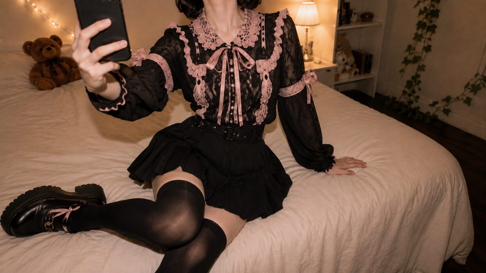 黒のゴシック系ワンピ姿で自撮りするメスイキさん