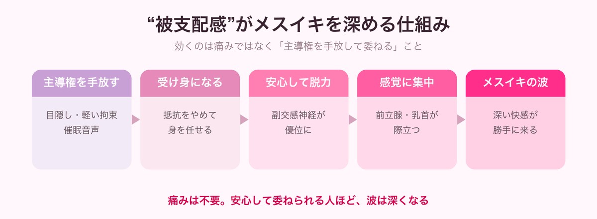 被支配感がメスイキを深める仕組みの図（主導権を手放す→受け身→脱力→集中→波）